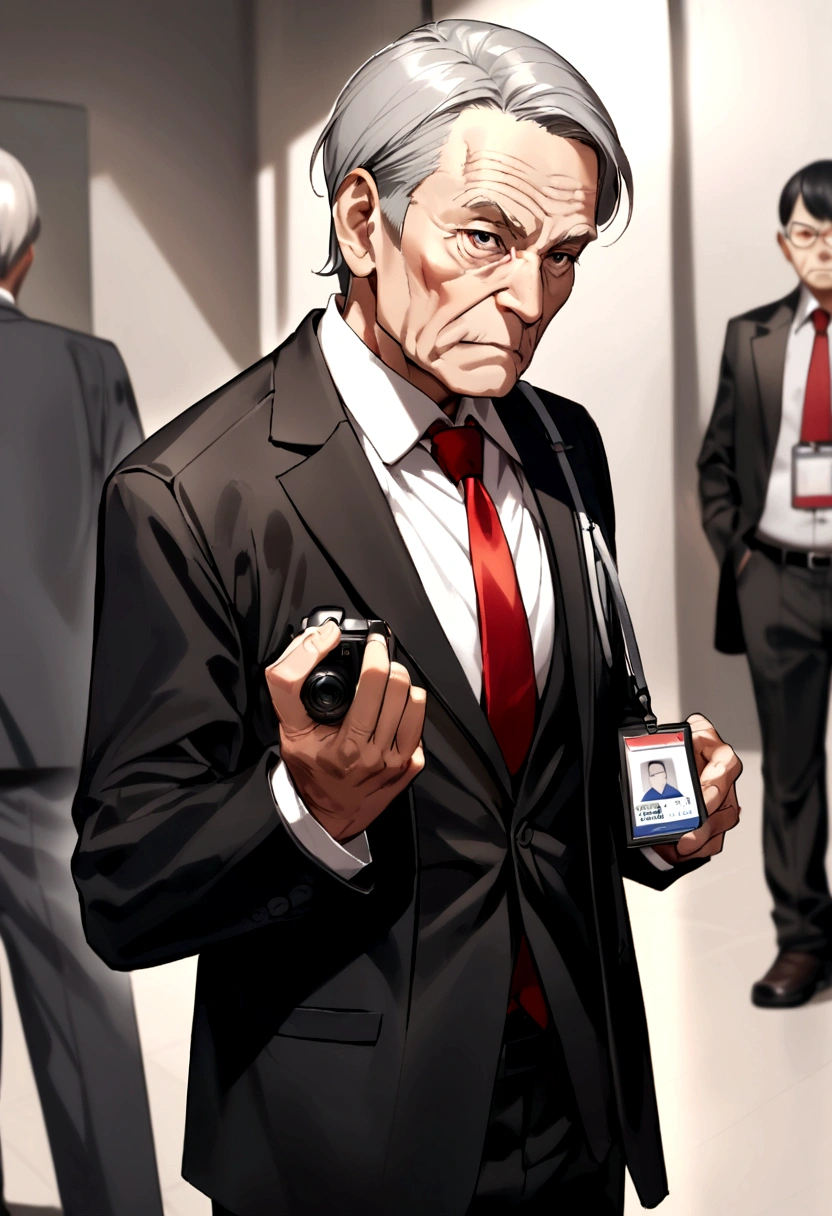a 60 year old man.wearing a black suit, white shirt, red tie.taking photos for ID cards