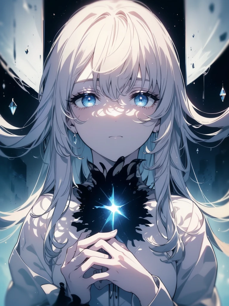 (((Masterpiece, The best quality, ultra high resolution))), 1 girl, standing, , White office shirt, black pleated skirt, ((light brown hair:0.7)), Long haircut, pale skin, ((Blue eyes)), bright_eyes, neon eyes, (((ultra detailed eyes, beautiful and detailed face, detailed eyes))), ((centered)), SMILE, ((plano general)), in front of the viewer, eye height, (blurry bottom, night sky bottom), flat chest, looking at the viewer, ((half closed eyes)), ((perfect hands)), (((head, arms, hips, elbows, given))), ((hands behind the back)), empty eyes, beautiful lighting, outside, outdoor, Shooting Star:0.7, bottom, defined theme, massive moon, 25 years