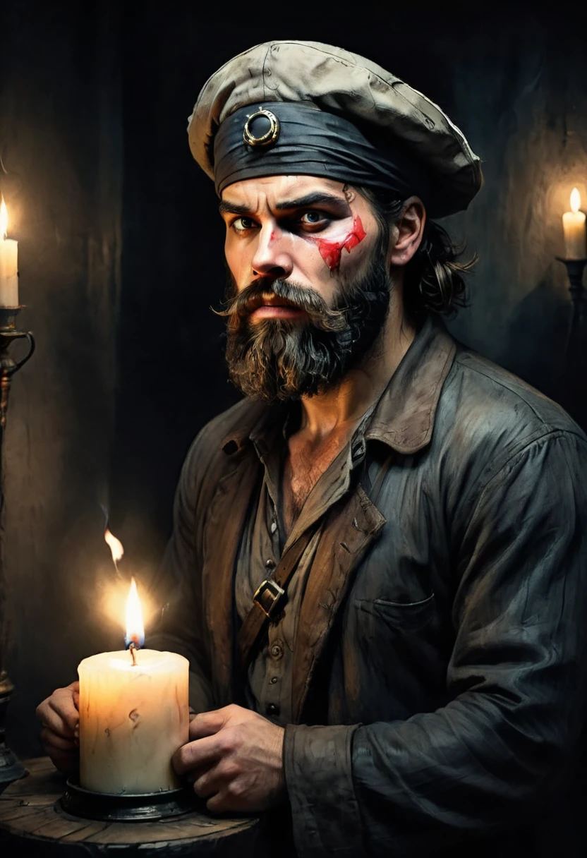 ((an anxious man with an eye patch:1.4)), bearded and robust face, Wearing a hat, holding a candle, in a dark room, dramatic lighting, film composition, digitalpainting, film lighting, soft color palette, temperamental atmosphere, High definition,8K.