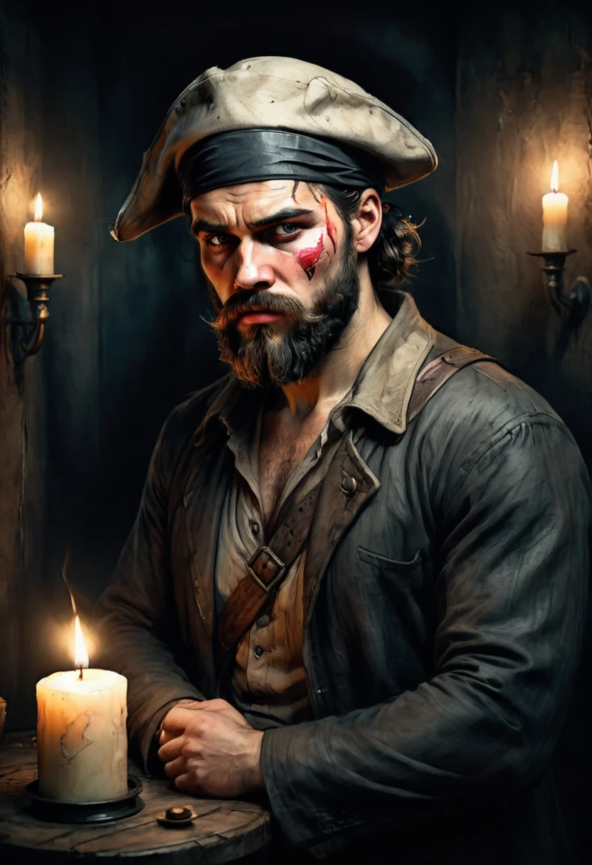 ((an anxious man with an eye patch:1.4)), bearded and robust face, Wearing a hat, holding a candle, in a dark room, dramatic lighting, film composition, digitalpainting, film lighting, soft color palette, temperamental atmosphere, High definition,8K.