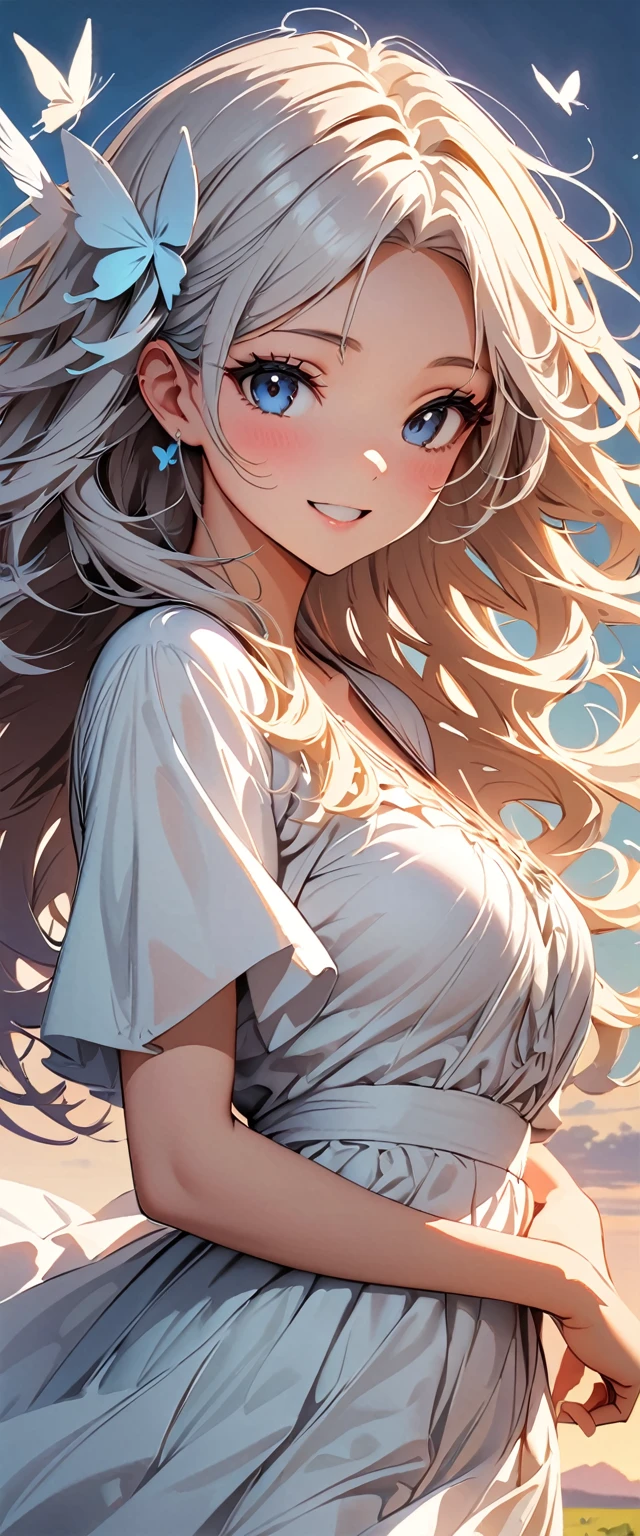 背后长着一双White feathered wings,White feathered wings,Angel,(best quality:1.2, Very detailed, up-to-date, Energetic, Digit coloring, High contrast, masterpiece:1.2, best quality, Best aesthetics, Wind), 1 female, Silver Hair, Long curly hair、(((White Butterfly Hair Accessory, White Butterfly Dress:1.2))), (Many butterflies and flowers flying:1.2, Fantasy Landscape:1.4), Our Lady Dress,A pair of white wings,Bright Lights, Beautiful World, New World, Blown by the gentle wind, (灼hot目光, hot, Rui々Beautiful lips, smooth, open mouth, Leaking sigh), precise, Textured Skin, Cowboy shooting, Charming smile, The Beauty and Dangers of Growing from Girl to Adult, A symbol of miraculous beauty.