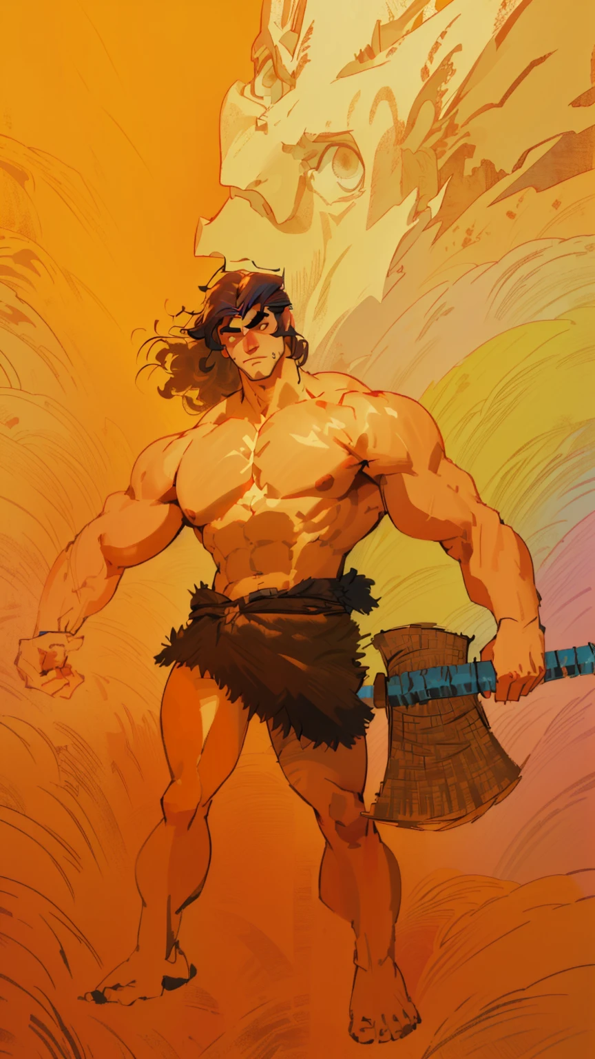masterpiece, best quality, (extremely detailed CG unity 8k wallpaper), (best quality), (best illustration), (best shadow), absurdres, realistic lighting, (Abyss), beautiful detailed glow, a drawing of a man in a kilt holding a bag, conan the barbarian illustration, barbarian, male barbarian, barbarian celebrate his birthday, style of frank miller, frank miller style, by Frank Miller, frank frazetta manga style, frank frazetta style, tanned barbarian warrior, strongman, picture of an adult male warrior, fur-clad barbarian goliath holding a stone ax with leather wrapped handle, muscular character. summer day, blue sky, grass field