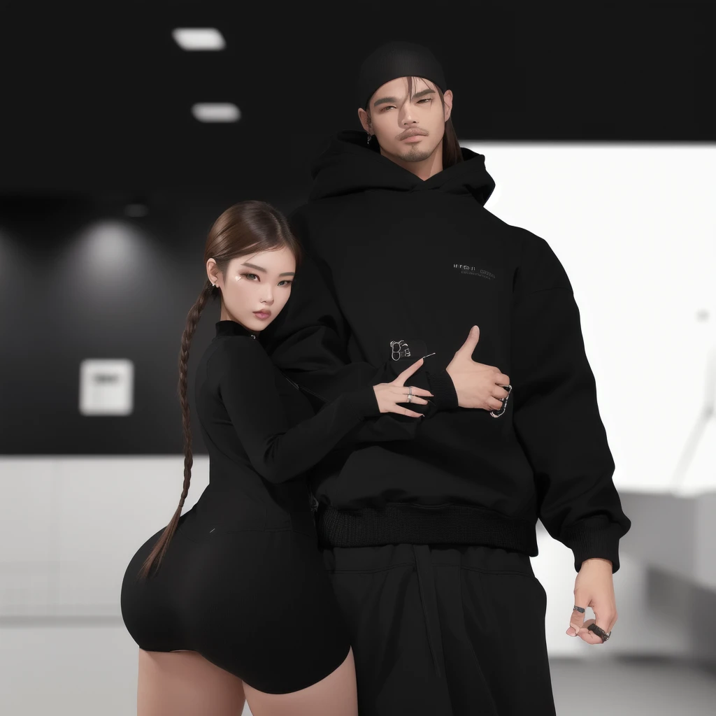 (masterpiece), (best quality), (ultra-detailed), ((masterpiece)) ((best quality)) ((ultra-detailed)) arafed image of a man and a woman in a black outfit, & jeehyung lee & wlop, couple pose, imvu, in a black hoodie, thicc, secondlife, casual pose, posing for a fight intricate, inspired by Wang Duo, in city street, second life avatar, dressed black hoodie