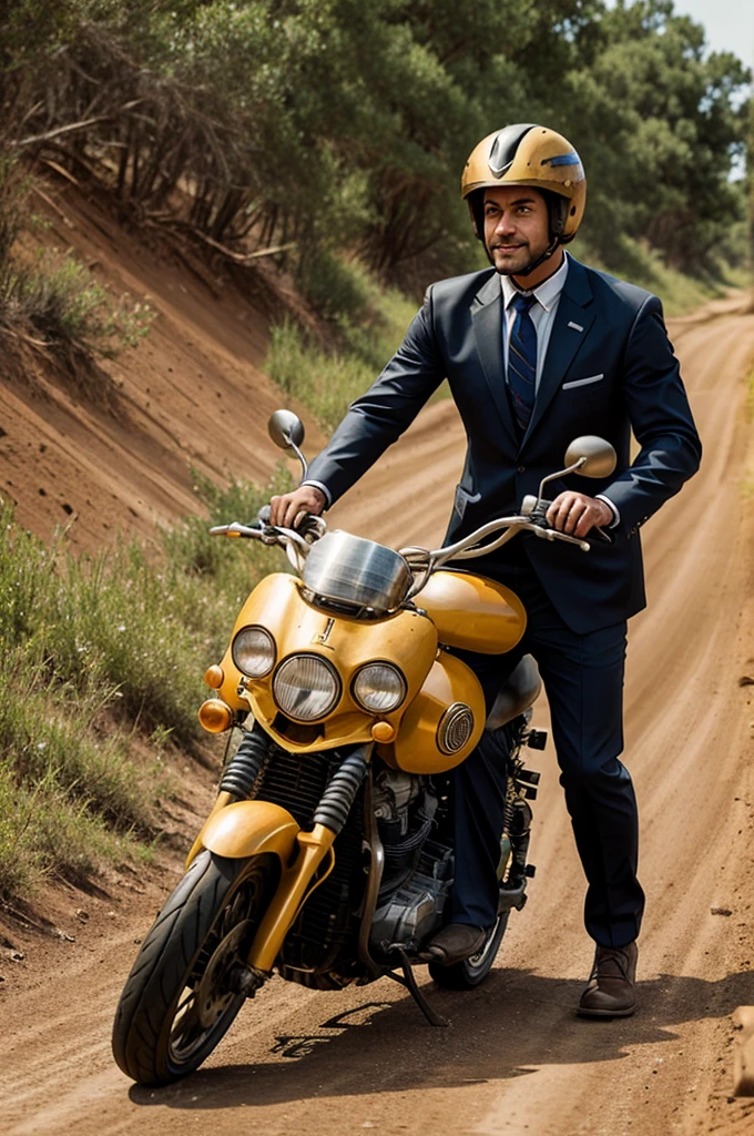 Disney character of A man traveling on a motorcycle with a helmet and tie on a dirt road 