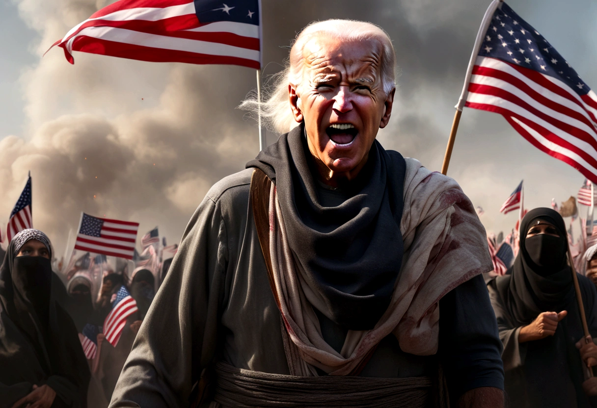a decrepit old man, joe biden (wearing a 'death to America' , cheering at a muslim terrorist rally (hijabs that obscure face, wielding swords and AK47 machine guns, flags of Iran and Islam), pledging american support, detailed wrinkled face, saggy skin, sunken eyes, grey hair, disheveled appearance, american flag, muslim extremists, explosions, chaos, dark clouds, eerie lighting, gloomy atmosphere, cinematic, highly detailed, photorealistic, 8k, dramatic, unnerving, unsettling