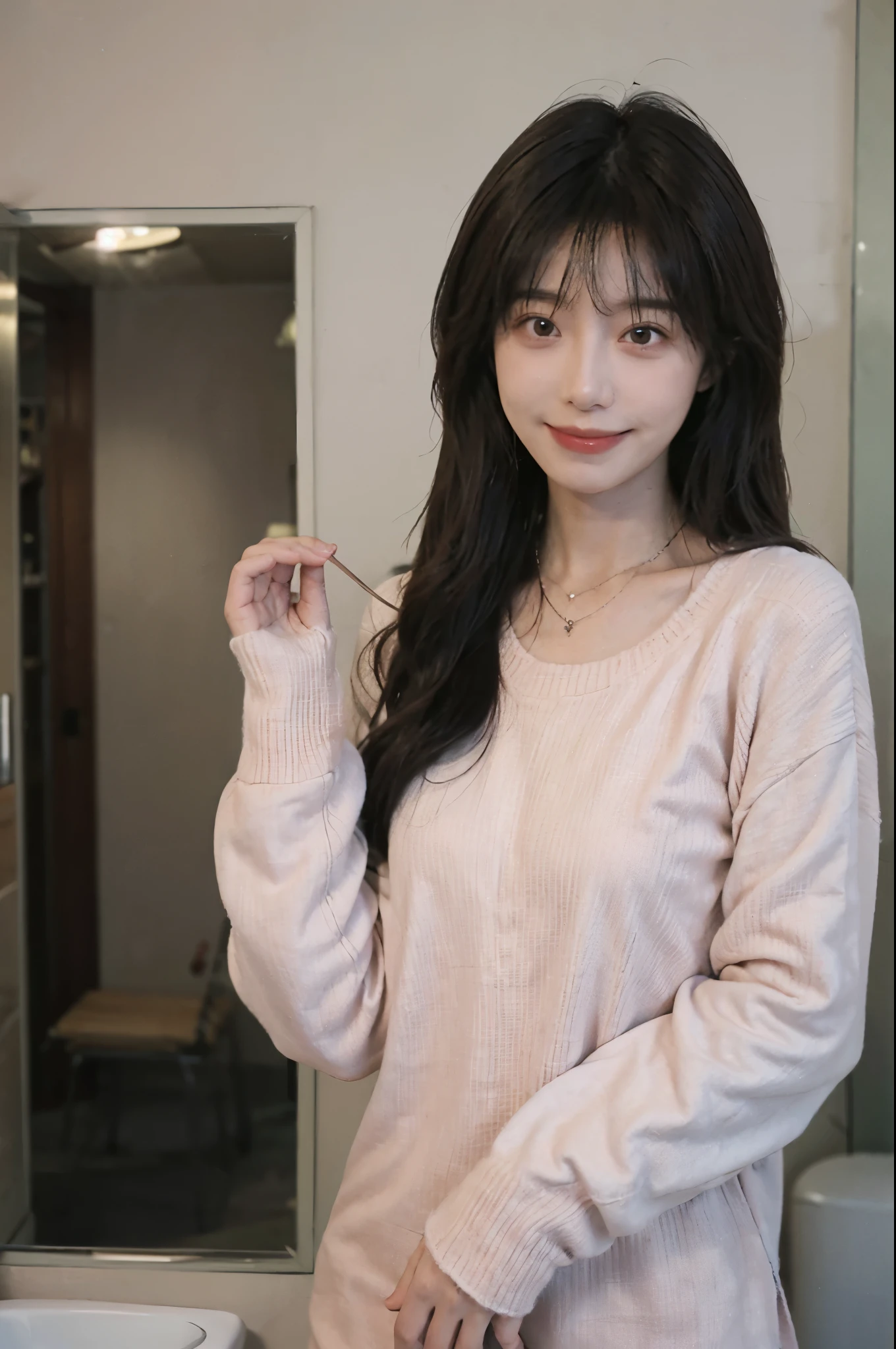 best quality， ultra high resolution， （realistically：1.4），cute hairpin，Baoyu Girl，1 girl,pink long sweater，pink long sweater ，Beautiful woman with slim figure:1.4, abdominal muscles:1.1, (a brown haired one, Medium chest:1.3), pink long sweater, bathroom,Super thin face，exquisite eyes，double eyelids，Smile，necklace