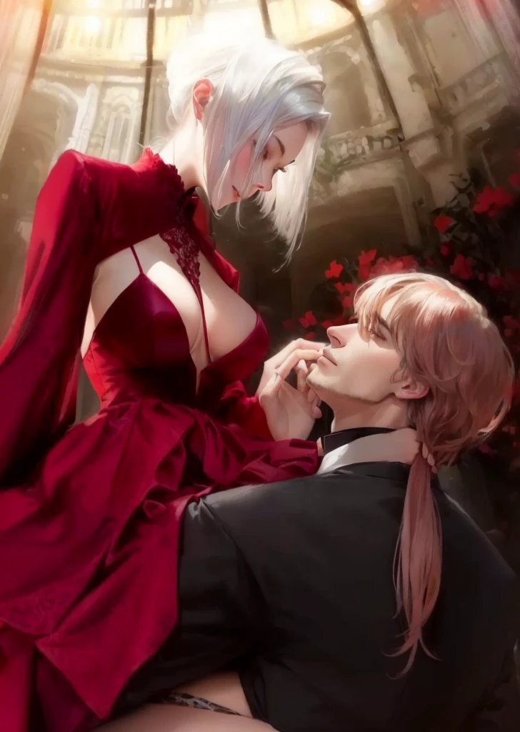 cheered up, a woman in a red dress is sitting on a man&#39;s lap, cheered up Clave visual of elegant, Clave visual, today's featured cheered up still, puce and vermilion, screenshot from a 2012s cheered up, destiny / Overnight stay, official cheered up artwork, still from cheered up, 2 second, 2b, Vermilion, key art