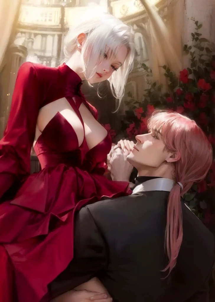 cheered up, a woman in a red dress is sitting on a man's lap, cheered up Clave visual of elegant, Clave visual, today's featured cheered up still, puce and vermilion, screenshot from a 2012s cheered up, destiny / Overnight stay, official cheered up artwork, still from cheered up, 2 second, 2b, Vermilion, key art