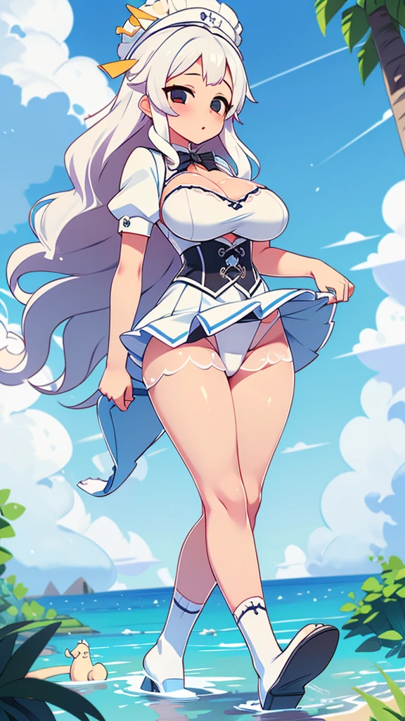 a sexy woman big breast cute beauty white hair long wavy curly white her yellow eye dresses white corset bra thread lace and a short white corset miniskirt pair of socks blue net black heel she bathing cloudy cloud
