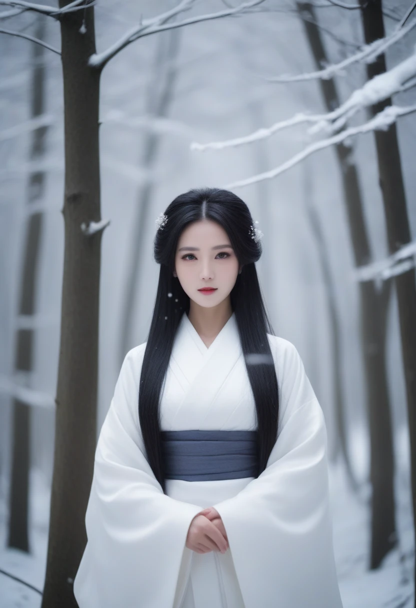 A woman in a white kimono in a snowy forest, The sharp gaze of the Yuki-onna, Portrait of Sadako from the Ring, Bone Girl Skeleton Geisha, Beautiful avatar photos, Very long snow-colored hair, Super villain IU Lee Ji-eun, Shirahime cut hairstyle, Jinnah Chan, Beautiful fox woman, Japanese live-action films、A slender, eerie, beautiful ghost with a cold expression
