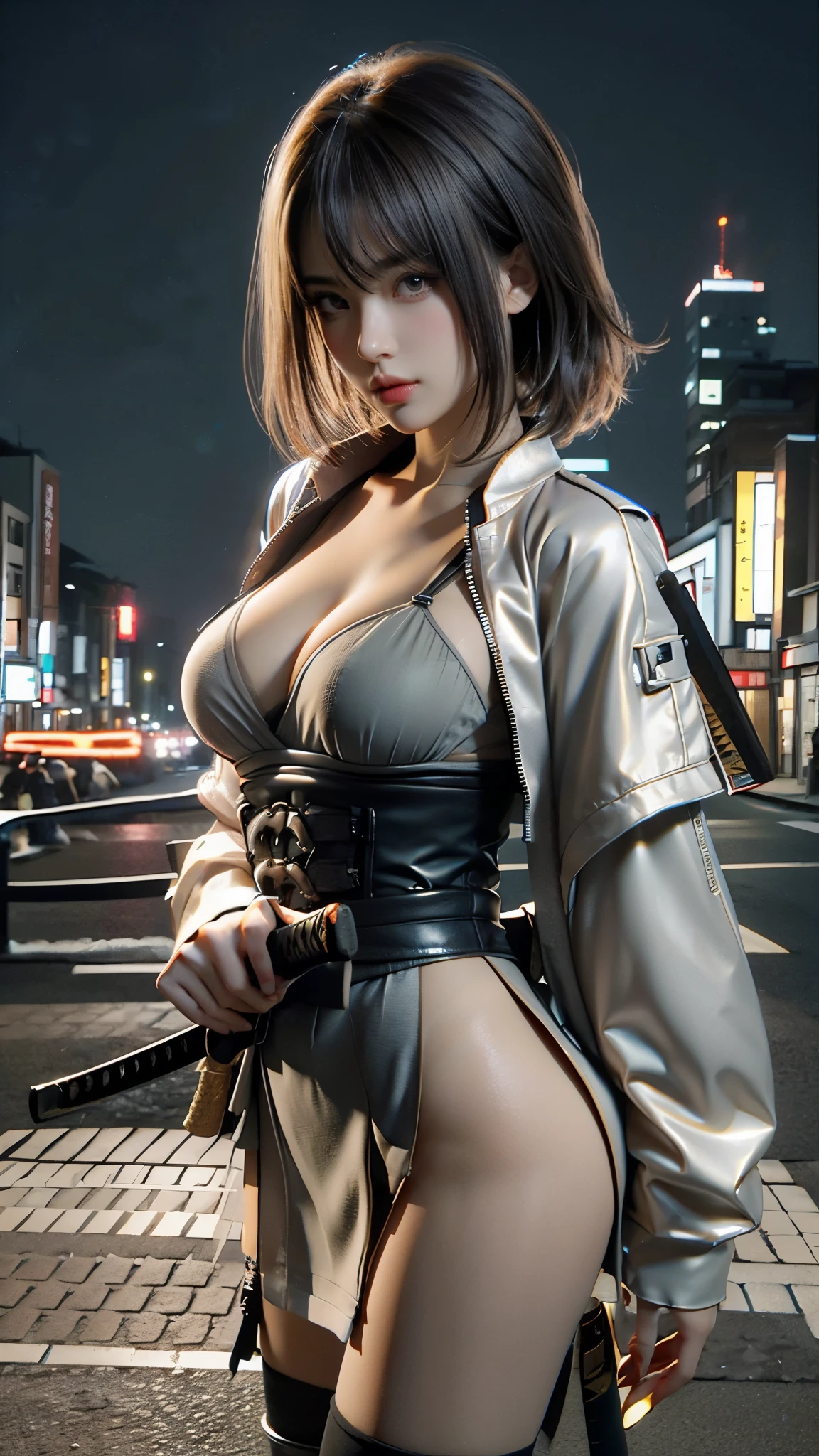 1girl,Tokyo Street,night,cityscape,facial details,city lights,half body view,big ,cleavage,8k,RAW photo,best quality,masterpiece,realistic,photo-realistic,best quality,masterpiece,very high resolution , (photorealistic:1.3 ), 8K, raw photo, 1girl, ninja armor, outdoors, old Japanese town, from below, (holding katana:1.2), katana, ninja girl, natural skin texture, samurai, skin pores , natural skin texture, dynamic pose, film grain,