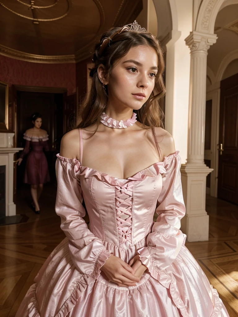 highest quality, masterpiece, Highest Resolution, artwork, super それにGet used to it, many Get used to it, Get used to it, それにGet used to it,, woman,cute womans,(()),((All 25 year old woman)),woman are princesses,Everybody has a tiara on their head,((Everything has volume,She is wearing a pink Victorian ball gown dress and a full-length hoop skirt。)),The dress is round and puffy,(Ruffled long sleeves),((A long dress that reaches the floor)),A dress with lots of frills and ribbons..,((Frilled yoke collar)),luxury,Inside the palace,Soft and smooth silk satin dress,They're kissing.,Lesbian,one woman Kissing the neck of the other
