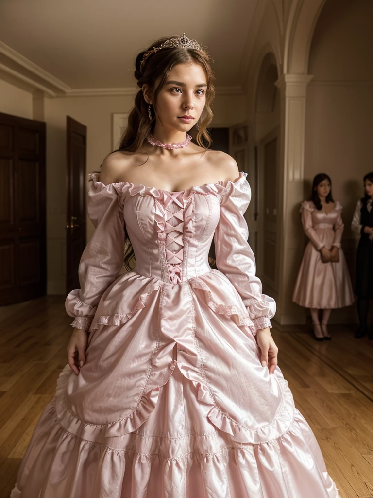 highest quality, masterpiece, Highest Resolution, artwork, super それにGet used to it, many Get used to it, Get used to it, それにGet used to it,, woman,cute womans,(()),((All 25 year old woman)),woman are princesses,Everybody has a tiara on their head,((Everything has volume,She is wearing a pink Victorian ball gown dress and a full-length hoop skirt。)),The dress is round and puffy,(Ruffled long sleeves),((A long dress that reaches the floor)),A dress with lots of frills and ribbons..,((Frilled yoke collar)),luxury,Inside the palace,Soft and smooth silk satin dress,They're kissing.,Lesbian,one woman Kissing the neck of the other