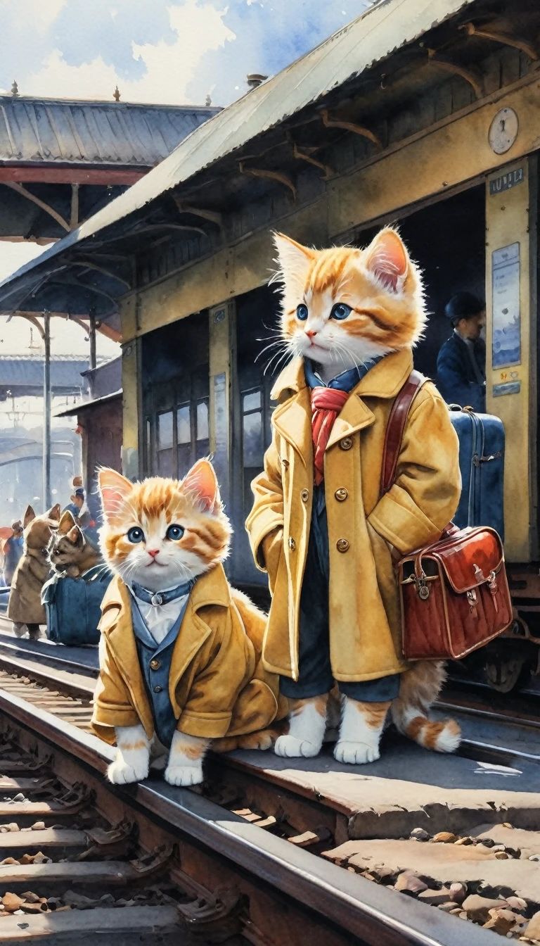 Painting of a magnificent railway station,The train comes into the station,复古黑头蒸汽The train comes into the station.详细的Watercolor painting,Watercolor painting, CG Association Competition Winners, 社会主义realism, detailed watercolor, Gouache details, Detailed watercolor painting,People waiting for the train at the railway station.Peddler.Station scene. Close up of two kittens in coats on a train track platform..Cute look for traveling with luggage:1.4, bright, Fresh contrast, Beautiful light and shadow .Puppies dressed.No splashing water, realism, cute dog
