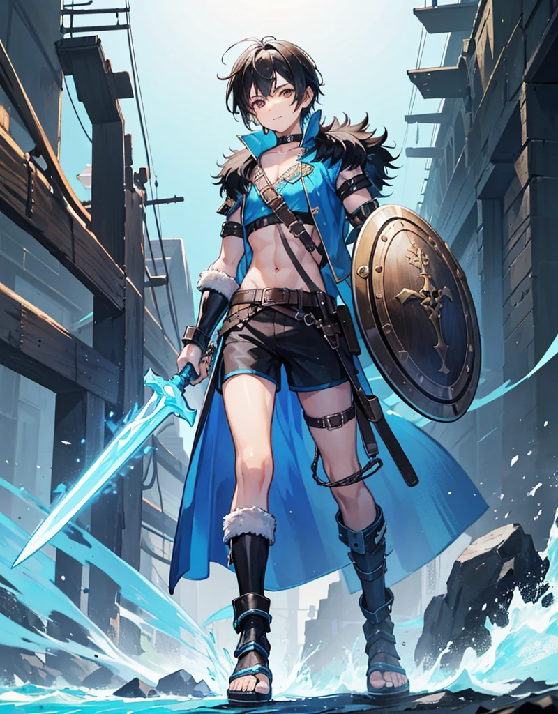 Young boy with black hair, brown eyes and olive skin, innocent and happy, wearing neon blue barbarian fur tunic, black shorts, gauntlets and sandals, weilding sword and shield, blue armor, fullbody, pirate background, boyish athletic