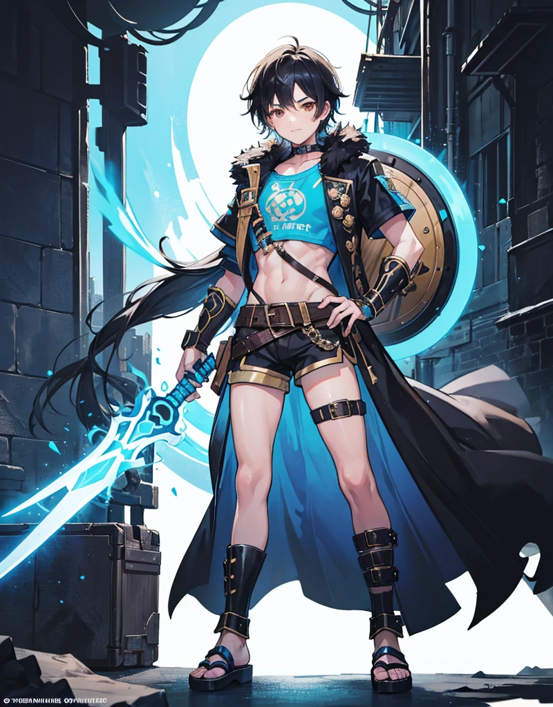 Young boy with black hair, brown eyes and olive skin, innocent and happy, wearing neon blue barbarian fur tunic, black shorts, gauntlets and sandals, weilding sword and shield, blue armor, fullbody, pirate background, boyish athletic