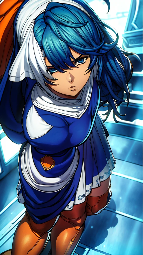 High detailed, 1 girl, aegean-blue colored hair, detailed Cyan eye, left eyepatch, busty, huge And round buson, Orange sattela's clothes, sattela's Long skirt, violent face, serious face