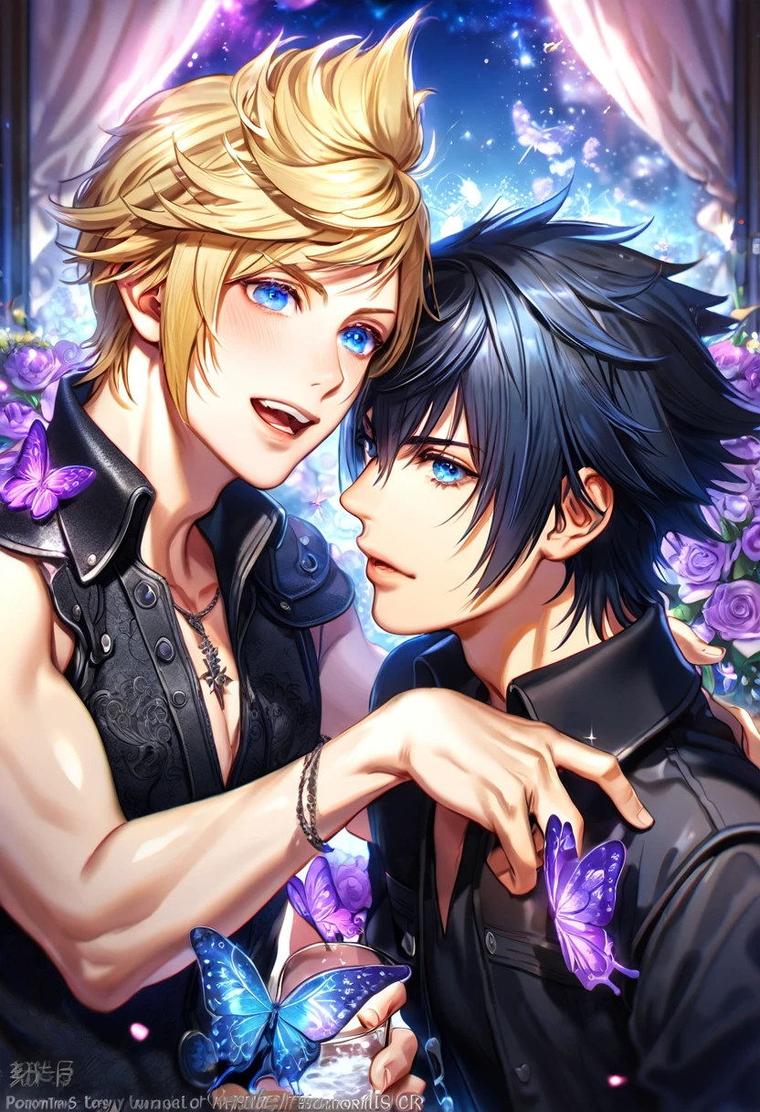 absurdres, highres, ultra detailed, HDR, master piece, best quality, extremely detailed, Noctis Lucis Caelum, black hair, expressive blue eyes, Final Fantasy XV, Prompto Argentum, blonde hair, expressive blue eyes, two sexy men together, gay couple, yaoi, handsome, black clothes, fantasy, magical, sparkling, water, glass, purple moon, purple flowers, purple butterflies, purple petals