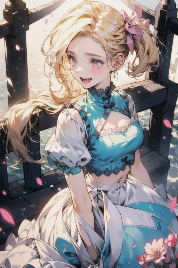 20-year-old,1 Girl,Surreal, 8K, (Extremely detailed 8K), (Very delicate and beautiful), (masterpiece), (Better Quality:1.0), (Ultra-high resolution:1.0), (masterpiece, Highest quality), cute,blonde,Cleavage cutout,(Bridge Suit:1.3),(Crop Top Belly Button:1),Glowing Skin,Twin tails,Twin van,Pink ribbon on head,Long Hair,Pastel green ruffled dress made in China,White long gloves,was happy,bouquetを持つ,from the front,bouquet,throw,Bust Shot,White frills,Puffy sleeves,Surrounded by flowers,Tears of joy