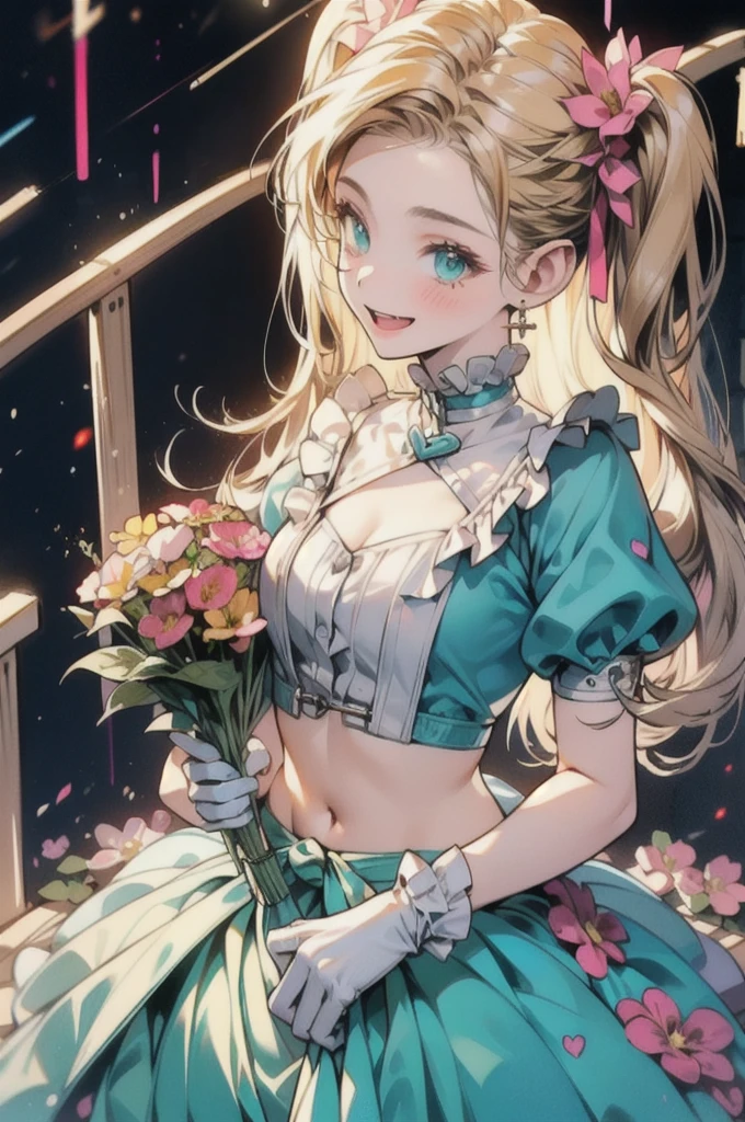 20-year-old,1 Girl,Surreal, 8K, (Extremely detailed 8K), (Very delicate and beautiful), (masterpiece), (Better Quality:1.0), (Ultra-high resolution:1.0), (masterpiece, Highest quality), cute,blonde,Cleavage cutout,(Bridge Suit:1.3),(Crop Top Belly Button:1),Glowing Skin,Twin tails,Twin van,Pink ribbon on head,Long Hair,Pastel green ruffled dress made in China,White long gloves,was happy,bouquetを持つ,from the front,bouquet,throw,Bust Shot,White frills,Puffy sleeves,Surrounded by flowers,Tears of joy