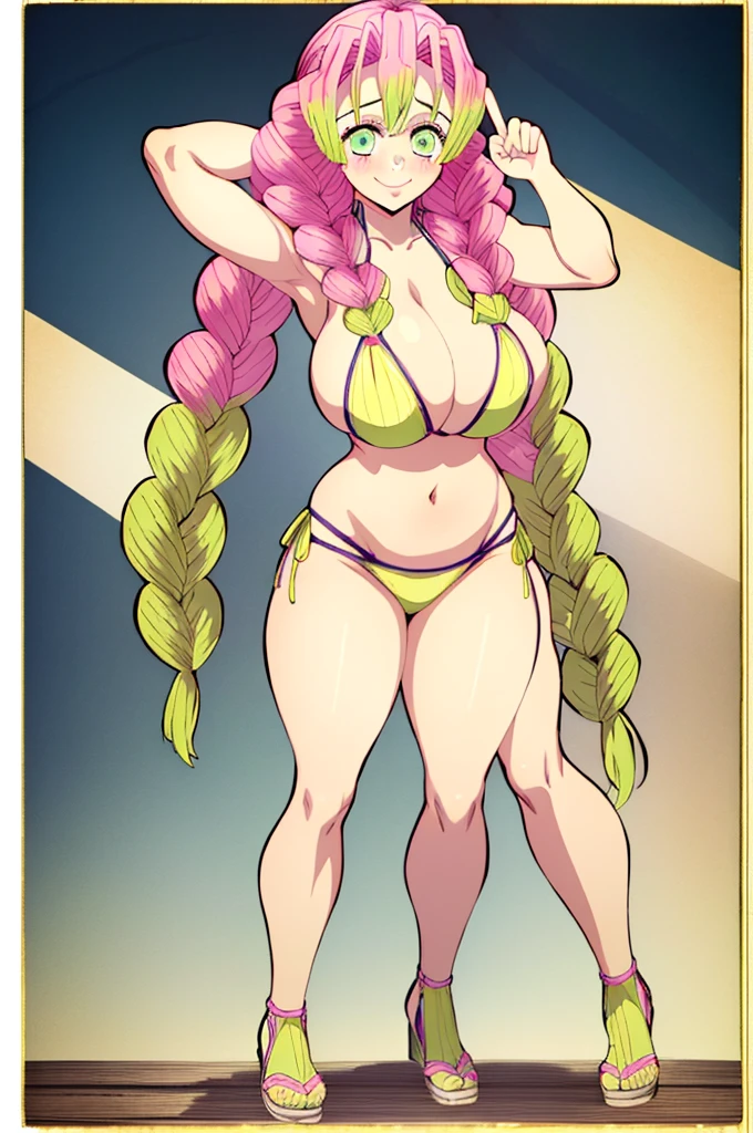 (masterpiece, best quality),  intricate details,
MitsuriKanroji, kanroji mitsuri, 1girl, solo, long hair, winking, green eyes, pink hair, green hair, twin braids, smile, cute smile, blushed smile, blush, blushing, large breast, huge breasts, bikini top, collarbone, neck, bare shoulders, yellow bikini top, cleavage, full body, long legs, cowboy shot, plain background, white background, photoshoot, perfect shot, perfect framing, full body shot, hands behind head, peace sign