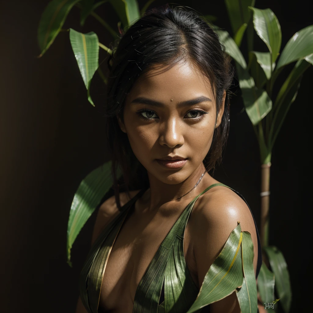 So beautiful Khmer woman ,a white to purple bearded iris flower with a green stem in the foreground and bronze metallic leaves with yellow veins against a smokey black background behind it fading to all black edge of the image, a digital rendering, photorealistic imagery, lyco art, Art Brenner