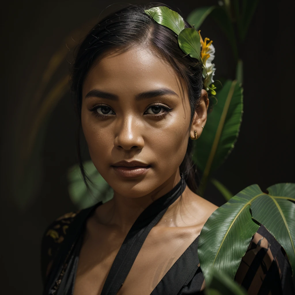 A beautiful Khmer woman ,a white to purple bearded iris flower with a green stem in the foreground and bronze metallic leaves with yellow veins against a smokey black background behind it fading to all black edge of the image, a digital rendering, photorealistic imagery, lyco art, Art Brenner