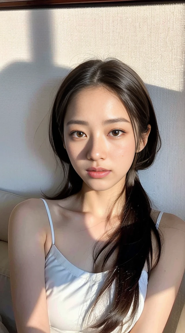 Dark brown hair、Light brown eyes、Japanese actress、 Lady、I am about 40 years old....、(Intricate details:1.2)、(Which is the top????:1.4)、 (Ultra-high resolution:1.2)、Ultra-high resolution、(Finely tuned)、(Detailed facial features)、Hmph、8K resolution、D cup size breasts、Long Hair、Updostyle, Updo、Hair Bun、1 Girl, Deep sorrowの表情, (Very detailed美しい顔), (camisole:1.5), (Bare shoulders:1.3), (Highest quality:1.4), (Very detailed)、Beautiful fair skin with transparency, Are sleeping、Sleeping on the floor、Top View、 Please open your mouth a little、Her legs are visible through the dress、Deep sorrow、Pose of Weakness、Obscene pose、White floor、White wall、The morning sun shines in、I relaxed and leaned against the sofa.、