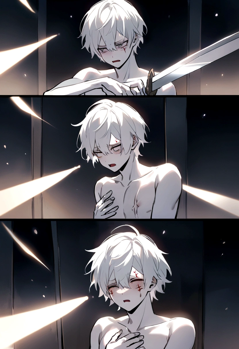 short hair boy, pale skin, white hair, removing a sword from your chest, lights, light coming from the chest, com expression of pain, expression of pain
