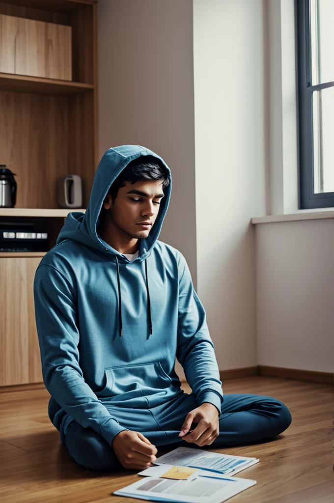 Young man in hoodie watching his savings, It would look sad and the room looks poor.