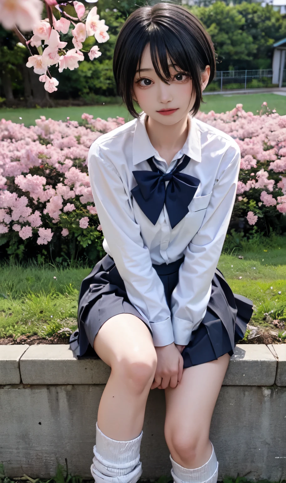 shortcut、bob cut、hair over one eye、sit、Hatsune Miku、hair above one eye, asymmetrical bangs,Standing picture、loose socks、cherry blossoms、cherry blossomsの花びら、cherry blossoms舞う、Hatsune Miku、black gradient color hair、black tie hair、black colorful hair、cross-eyed、messy hair、blunt bang cut、pleated skirt、black shirt、striped hair、messy hair、Sloppy、cross-eyed、drunk、( fool / sexual ecstasy)、highest quality, realistic, Super delicate illustration, beautiful and charming anime girl, slender body, tied hair, one girl, girl pictures, full body shot, beautiful red eyes,