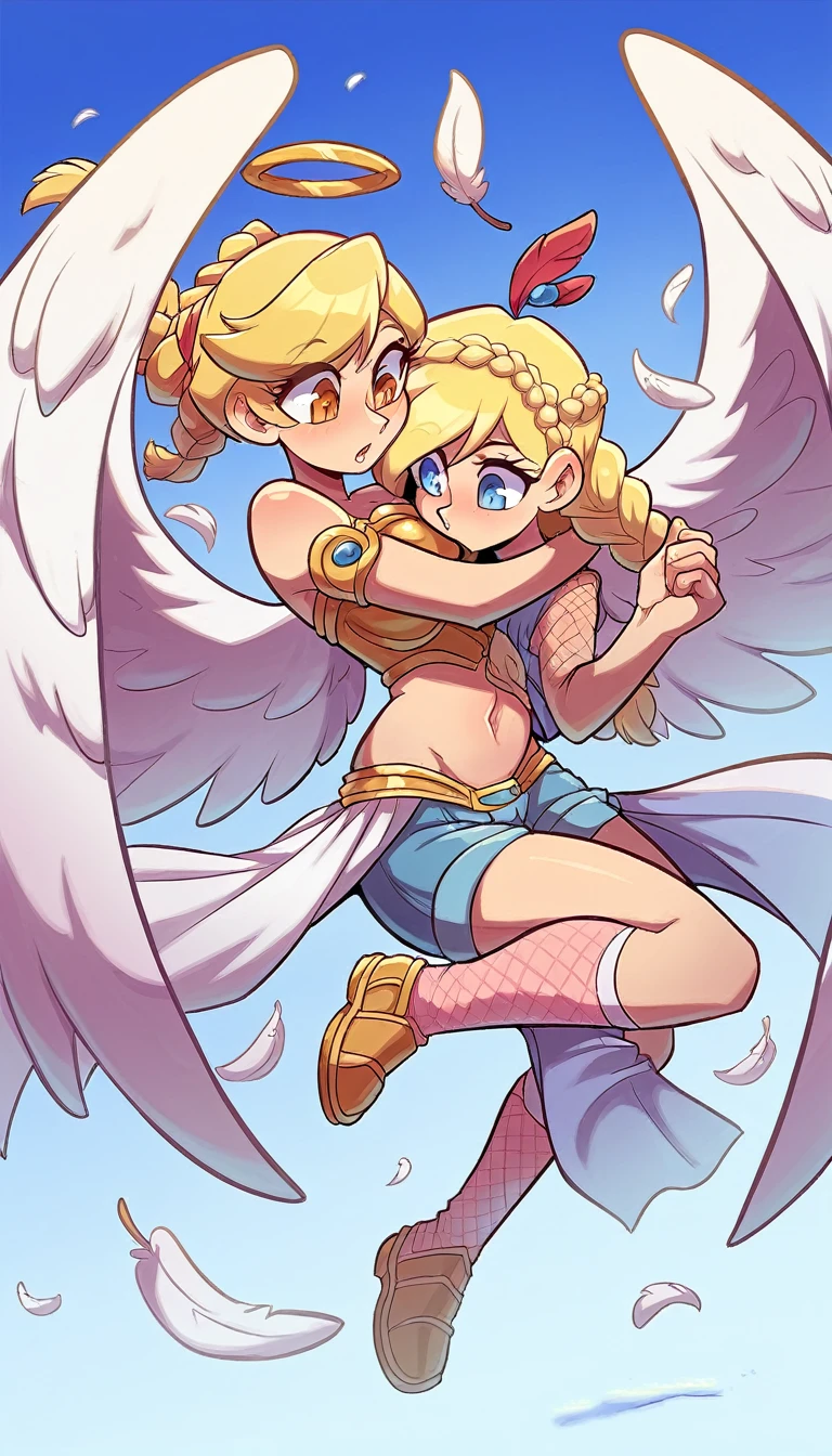 A tall goddess woman beautiful sexy sensual beautiful beautiful tenderness affectionate pretty smiles kindly long yellow hair wavy to the side one Mencho short yellow braid her light blue eye another orange eye she dresses bright gold metal brassiere shows navel and shorts gold armor shows leg socks black net and carries angel wings back background blue sky flying golden feather