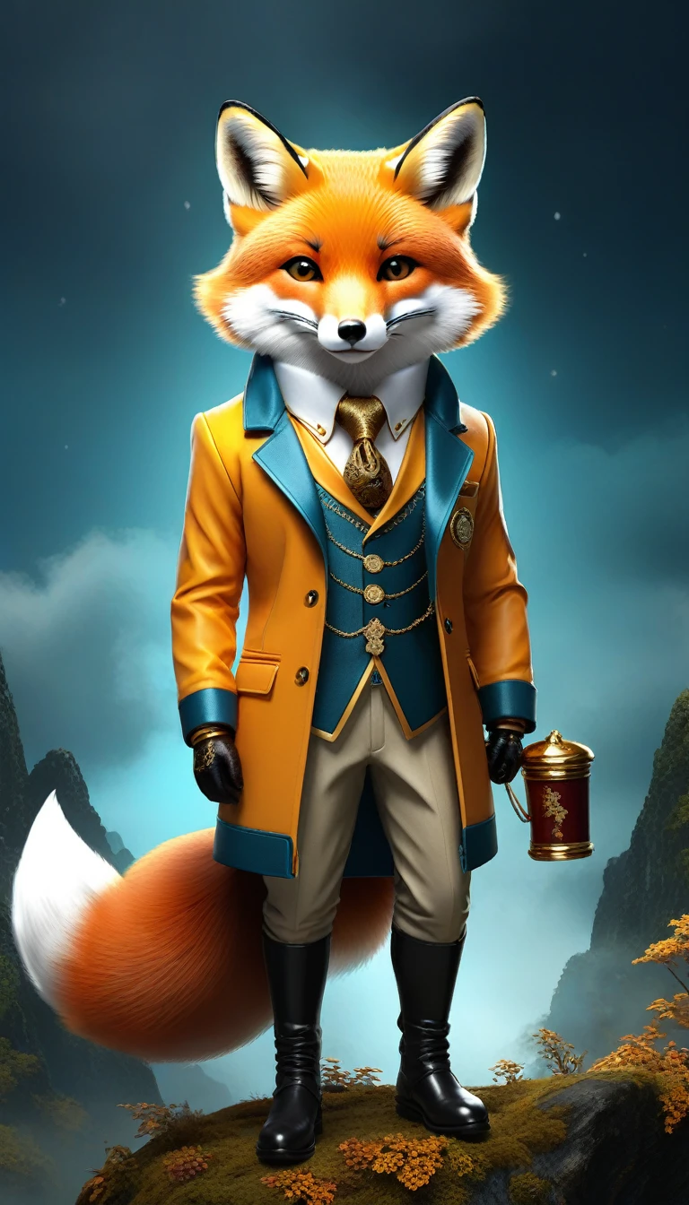 A fox,Mimic the style of the weather girls,Talk enthusiastically about the weather forecast。A fox,Wearing a colorful、Art Gold Jacket,Except for the face,Everything about him looks like a fox..
Use the following rules to create an image of this composition: We will create a card game pattern..
The design will be surrounded by a border, So please keep the design 80% Start from the center of the space,That way it wins't Overwrite character.
The atmosphere should be dark and mysterious, Using indirect lighting and a textured background.
The central character should stand out.
Full body image,
Dynamic posture, The overall color is earthy, Brightly colored clothes, the texture is realistic, Fine workmanship of clothing..
They wear stylish sneakers, boots, and sandals.
have, cigar, smokes Accessories Choice of necklaces, earring, ring, scarf, have, cigar, smokes, car, 摩托car, Tattoo, ETC. Match your outfit to your mood.
real, 8K,.
没have人情味, 没have肤色.