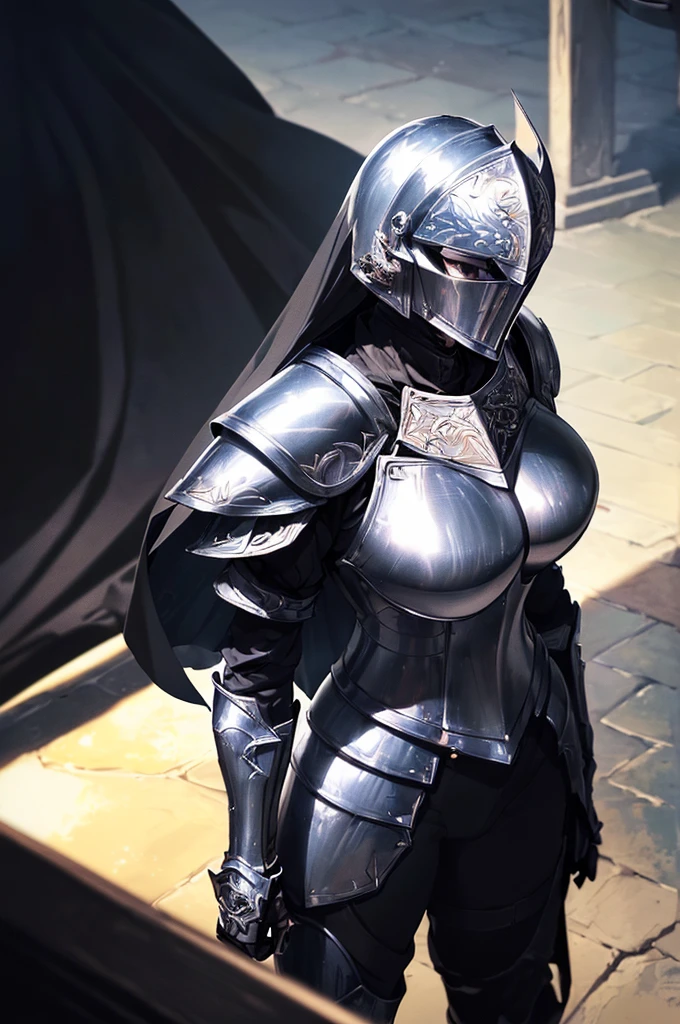 (masterpiece; best quality: 1.2), ((full armored knight woman)), ((solo)), (black eyes: 1.4), (body; toned, strong, tall: 1.3), (beautiful and clear background: 1.2), ((depth of field)), (equipment: full plate all-black dark-damascus realistic armor + closed helmet with plume + black cape: 1.3), (anime illustration: 1.2), (background composition; garden exterior + furniture: 1.1), (extremely fine and beautiful: 1.1), (shot composition; standing + centered on torso + close-up: 1.5)