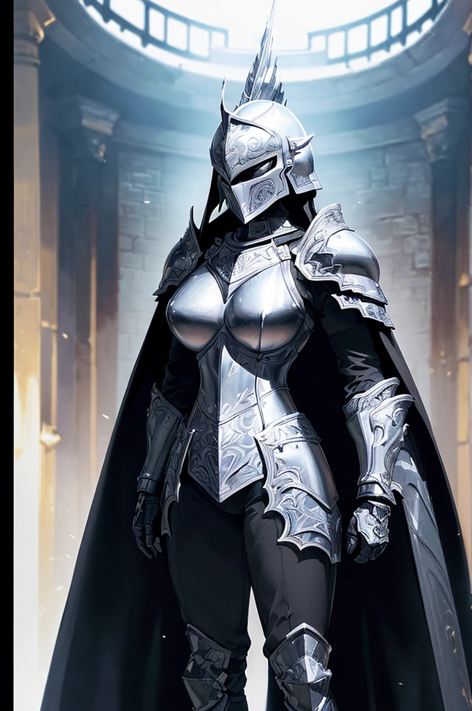 (masterpiece; best quality: 1.2), ((full armored knight woman)), ((solo)), (black eyes: 1.4), (body; toned, strong, tall: 1.3), (beautiful and clear background: 1.2), ((depth of field)), (equipment: full plate all-black dark-damascus realistic armor + closed helmet with plume + black cape: 1.3), (anime illustration: 1.2), (background composition; garden exterior + furniture: 1.1), (extremely fine and beautiful: 1.1), (shot composition; standing + centered on torso + close-up: 1.5)