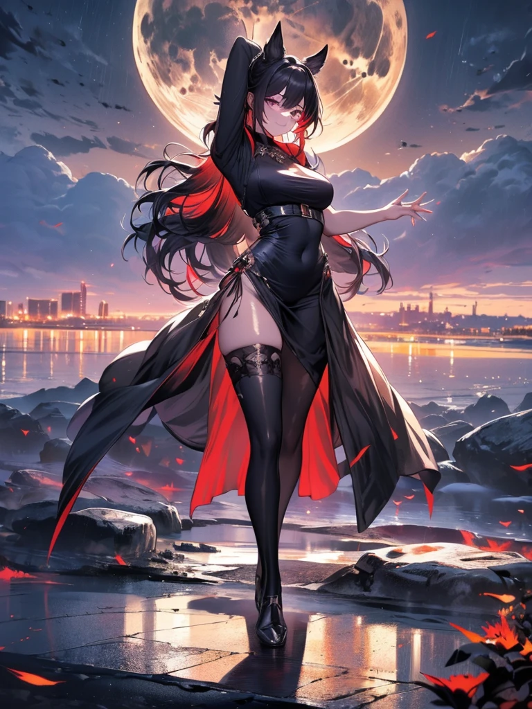 Dark night over the city, Red moon, Red moon with energy flow, energy tides, bad premonitions, scenery, I want human, half naked woman ((model: Grazzie Borges, sexy magazine) there is energy flow, highly real, 4K, Chiaroscuro, super high details waiting to begin epic seine medieval styles, wet ground glistening by the red moon