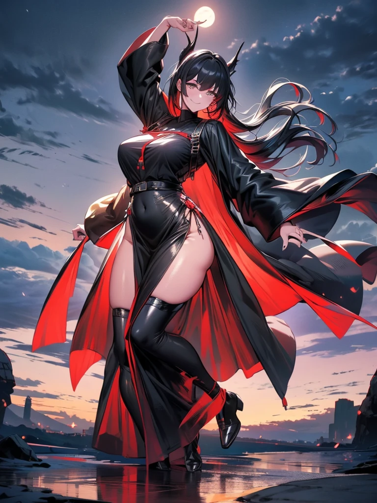 work of art, best qualityer, detailded, 1 girl, standing alone, natta sky, plein-air, fullmoon, stele, clouds, natta,, dark sakura, (black gown), long hair, evil smile, Red loop, striped, thicc thighs, (((is dancing madly in the moonlight))), fully body