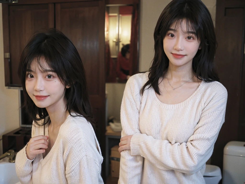 best quality， ultra high resolution， （realistically：1.4），cute hairpin，Baoyu Girl，1 girl,pink long sweater，pink long sweater ，Beautiful woman with slim figure:1.4, abdominal muscles:1.1, (a brown haired one, Medium chest:1.3), pink long sweater, bathroom,Super thin face，exquisite eyes，double eyelids，Smile，necklace