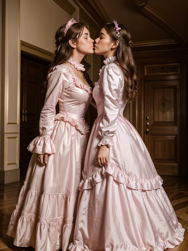 highest quality, masterpiece, Highest Resolution, artwork, super それにGet used to it, many Get used to it, Get used to it, それにGet used to it,, woman,cute womans,(()),((All 25 year old woman)),woman are princesses,Everybody has a tiara on their head,((Everything has volume,She is wearing a pink Victorian ball gown dress and a full-length hoop skirt。)),The dress is round and puffy,(Ruffled long sleeves),((A long dress that reaches the floor)),A dress with lots of frills and ribbons..,((Frilled yoke collar)),luxury,Inside the palace,Soft and smooth silk satin dress,They're kissing.,Lesbian,one woman Kissing the neck of the other