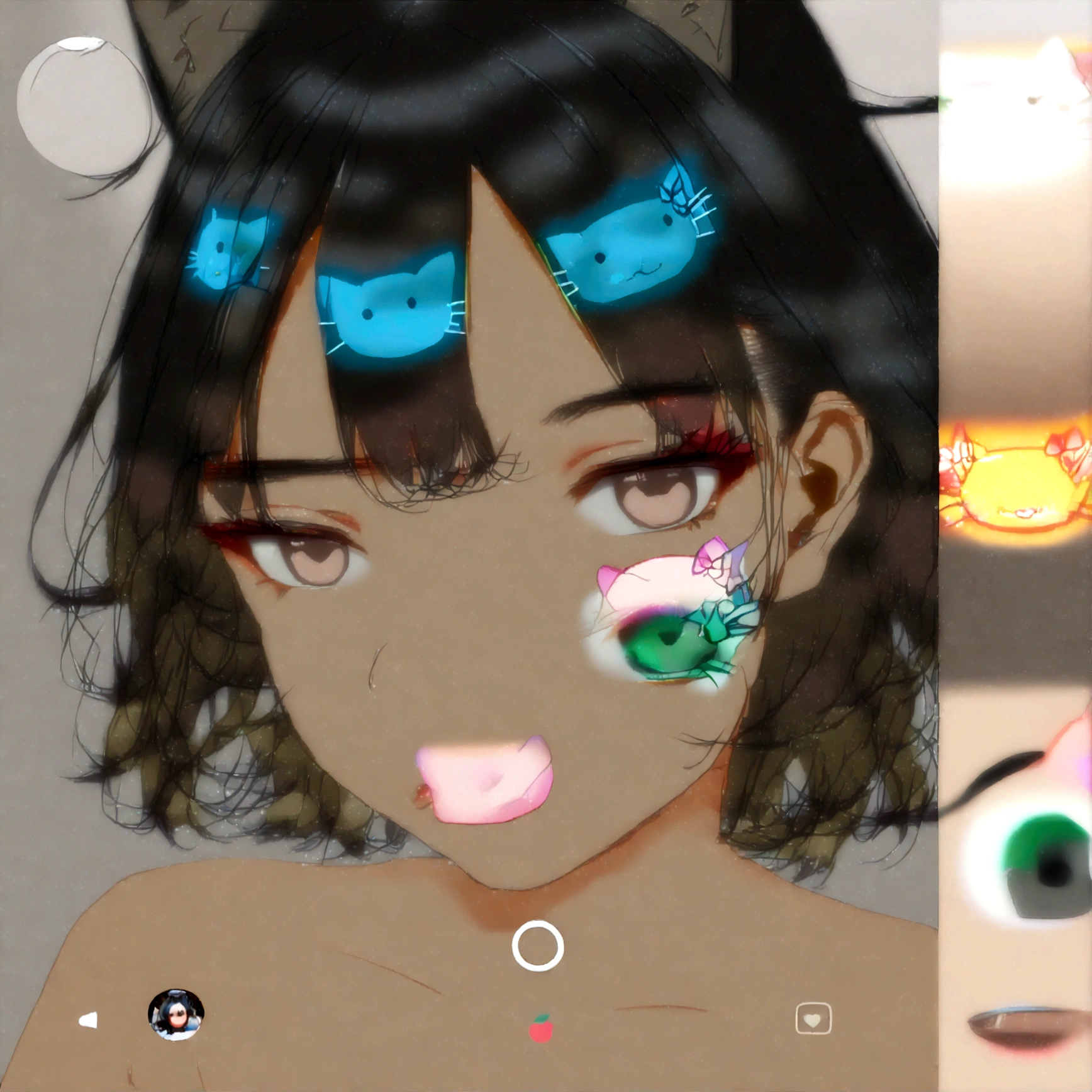 a close up of a girl with hello kitty face paint, anime style mixed with fujifilm, very beautiful cute catgirl, instagram filter, ruan cute vtuber, with instagram filters, low quality video, snapchat story screenshot, blur effect face, (((((((no glow))))))), tiktok video, snapchat photo, anime style. 8k, face with artgram