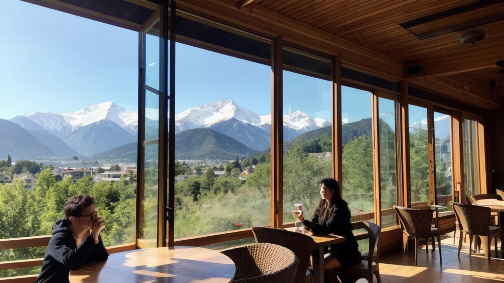 Cafe with a view of the mountains, wooden construction, large glass windows, terrace seating, people relaxing