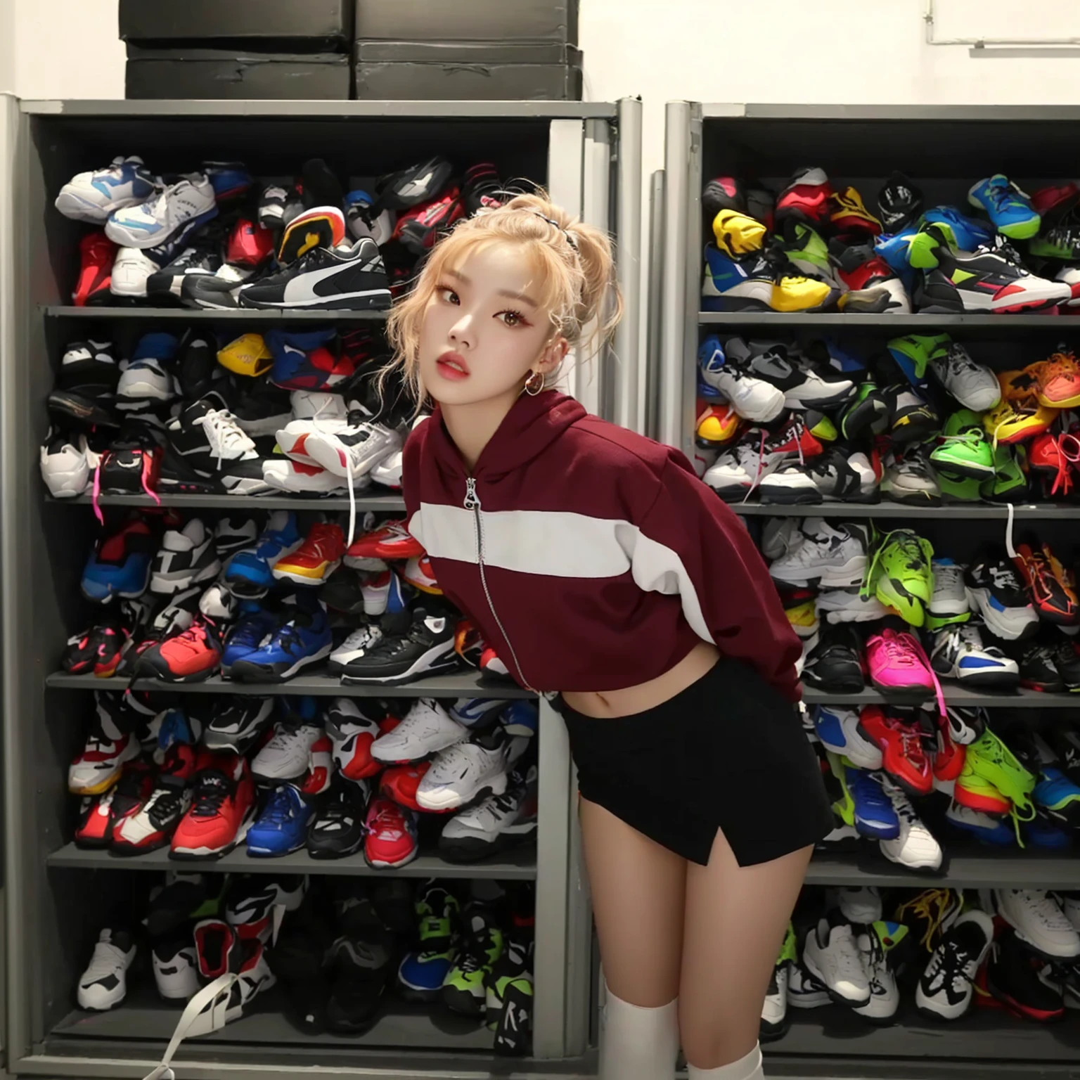 There is a woman standing in front of a rack of shoes, roseanne park by blackpink, jossi de blackpink, roseanne park de Blackpink, rose park, sneakers, shaxi, her wardrobe is attractive, jennie pink black, She wears street clothes, jia, focus on sneakers only, the entire shoe is in the image, paloma cameron in a knight's armor