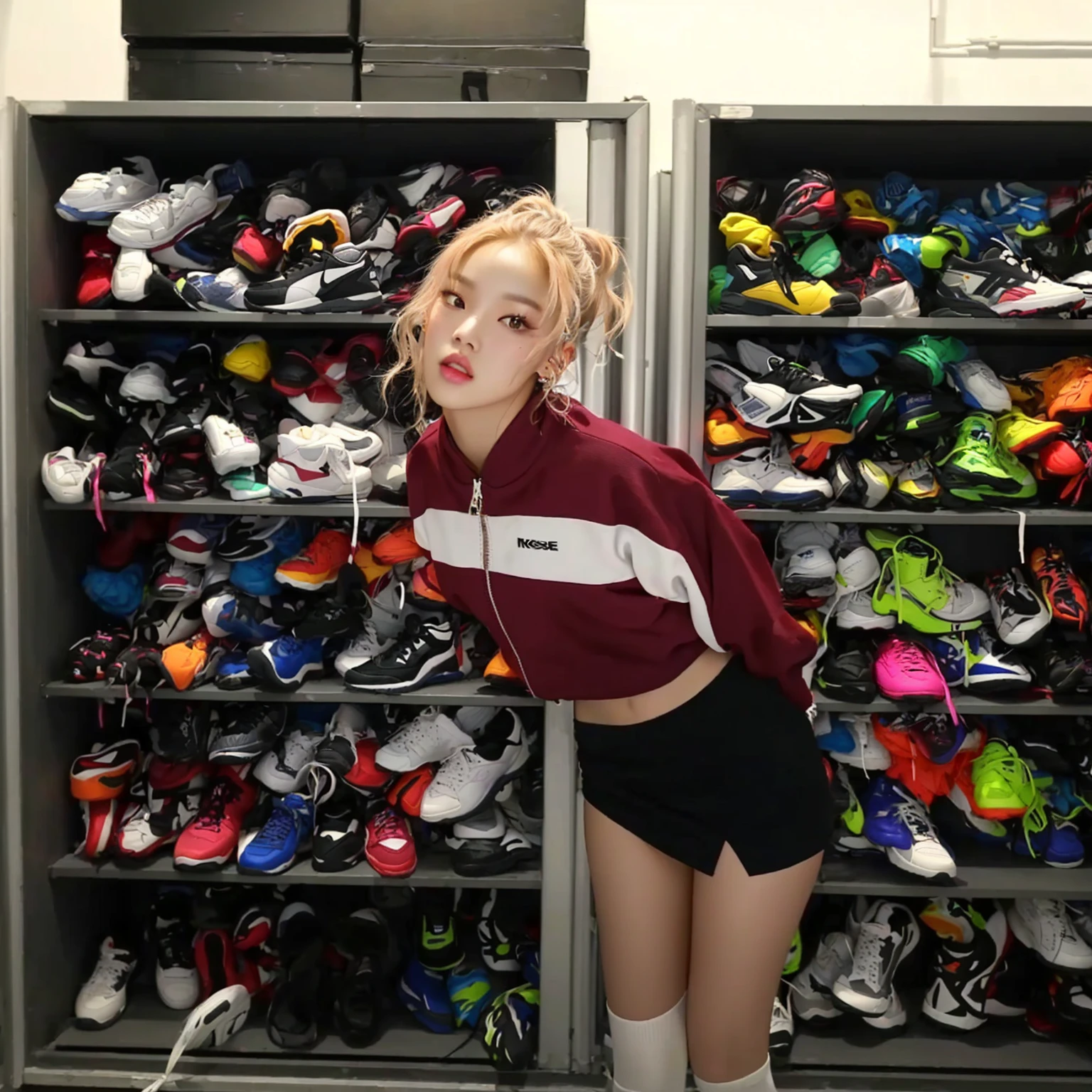 There is a woman standing in front of a rack of shoes, roseanne park by blackpink, jossi de blackpink, roseanne park de Blackpink, rose park, sneakers, shaxi, her wardrobe is attractive, jennie pink black, She wears street clothes, jia, focus on sneakers only, the entire shoe is in the image, paloma cameron in a knight&#39;s armor