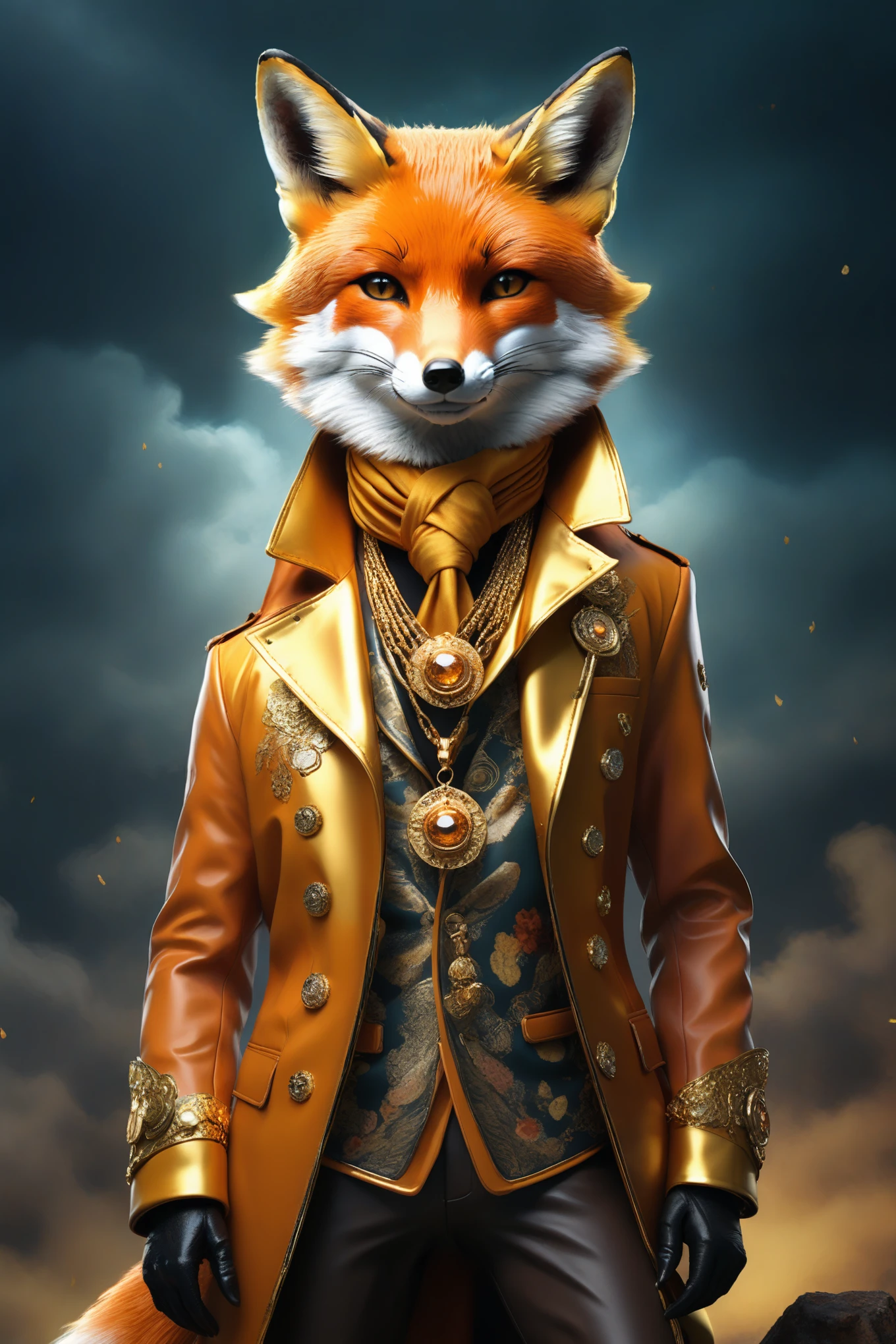 A fox，Mimic the style of the weather girls，Talk enthusiastically about the weather forecast。A fox，Wearing a colorful、Artistic gold jacket，In addition to the face，Everything on the body is a fox.
Create an image of this composition using the following rules: We will create a card game pattern..
The design will be surrounded by a border, So please keep the design 80% Start from the center of the space，This way it won&#39;t cover the characters.


The atmosphere should be dark and mysterious, Use indirect lighting and a textured background.
The central figure should stand out.
Full body image,
The poses are dynamic, the overall color is earthy, the clothing is brightly colored, the texture is realistic, and the clothing is finely crafted..
They wear stylish sneakers, boots, and sandals.
hat, cigar, smokes Accessories Choice of necklaces, earring, ring, scarf, hat, cigar, smokes, car, motorcycle, Tattoo, ETC. Match the outfit and mood.
real, 8K,.

No human touch, No skin color.