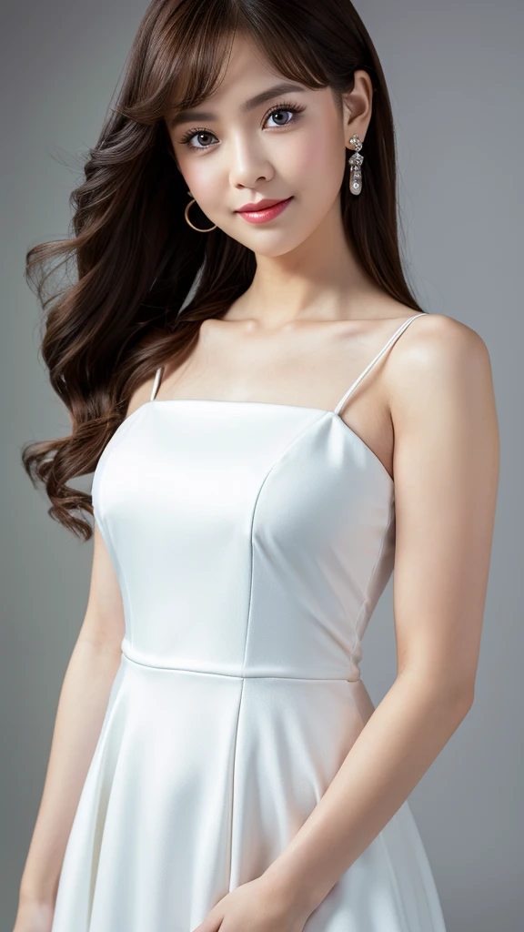 (Detailed face),(between legs),cute,White royal dress,4K,Ultra-high resolution,(Photorealistic:1.7),Gray background,