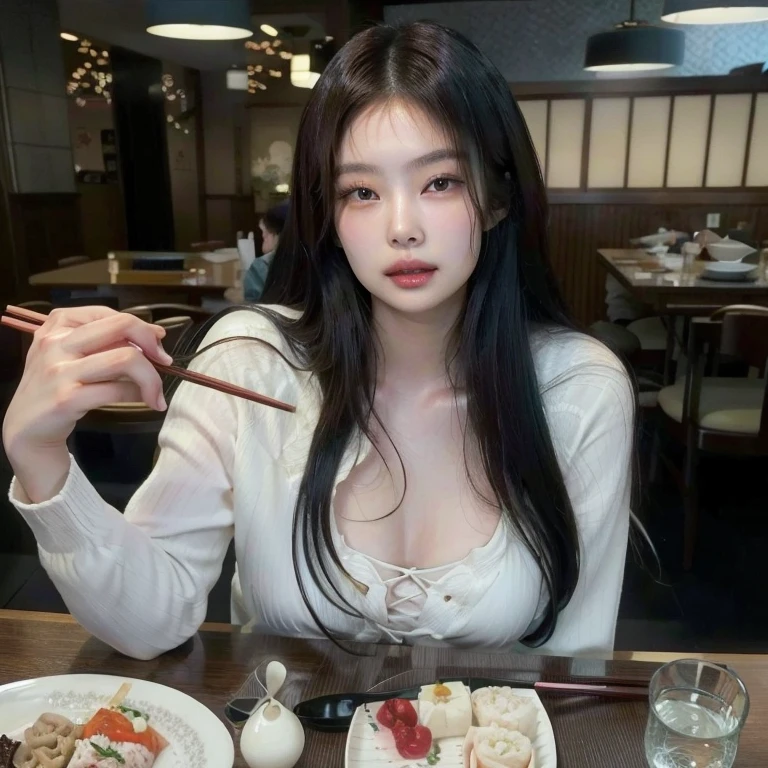 Araffe woman sitting at a table with a plate of food and chopsticks., korean girl, beautiful south korean woman, korean woman, Asian girl, gorgeous young korean woman, beautiful Asian girl, beautiful young korean woman, Asian girl with long hair, Japanese goddess, anime girl in real life, Japanese model, young Asian girl, Japanese, an asian woman, attractive girl