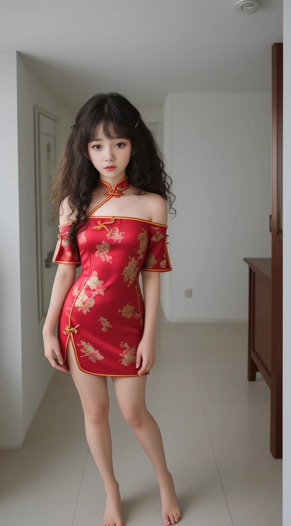 high-level image quality、(((Red cheongsam)))、(((Scandinavian beautiful girl li)))、silber hair、(((flat chest)))