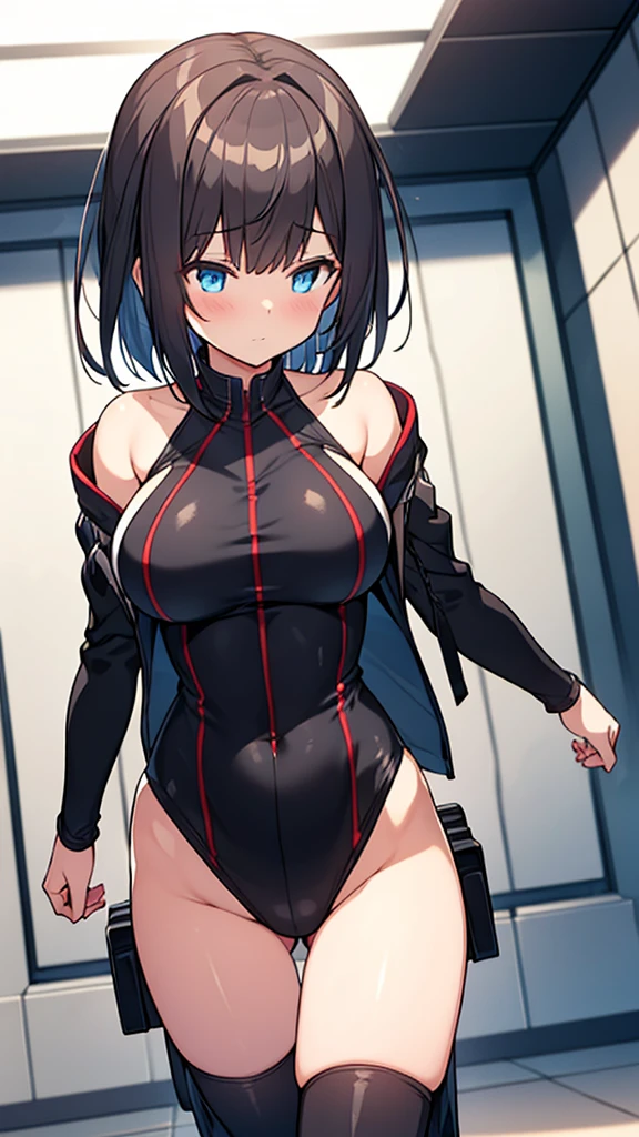 (Highly detailed CG Unity 32k wallpaper,masterpiece, Biological, whole body),(Best lighting, Best Shadow, Very delicate and beautiful),(High School Girl and Unidentified Creatures),blue eyes, Big Breasts,Bouncing chest, Black Hair,Bobcut,Red and black and White off-the-shoulder revealing high-cut SF bodysuit,One-piece swimsuit-style clothing,Clothes that emphasize the chest,Neck Seal,High-tech sci-fi corridor, Dynamic pose, Detailed Machinery, Sleek design.,My crotch is wet, {{The unidentified creature had no reproductive organs, so it preyed on the high school girls on the spaceship and disguised itself as a woman.、High school girls are candidates}}, Unknown sensation, Feels good, Vigorous movement, more, instinct, Female fall, Bouncing chest, loose, loose, Next to a real girl skeleton, NSFW