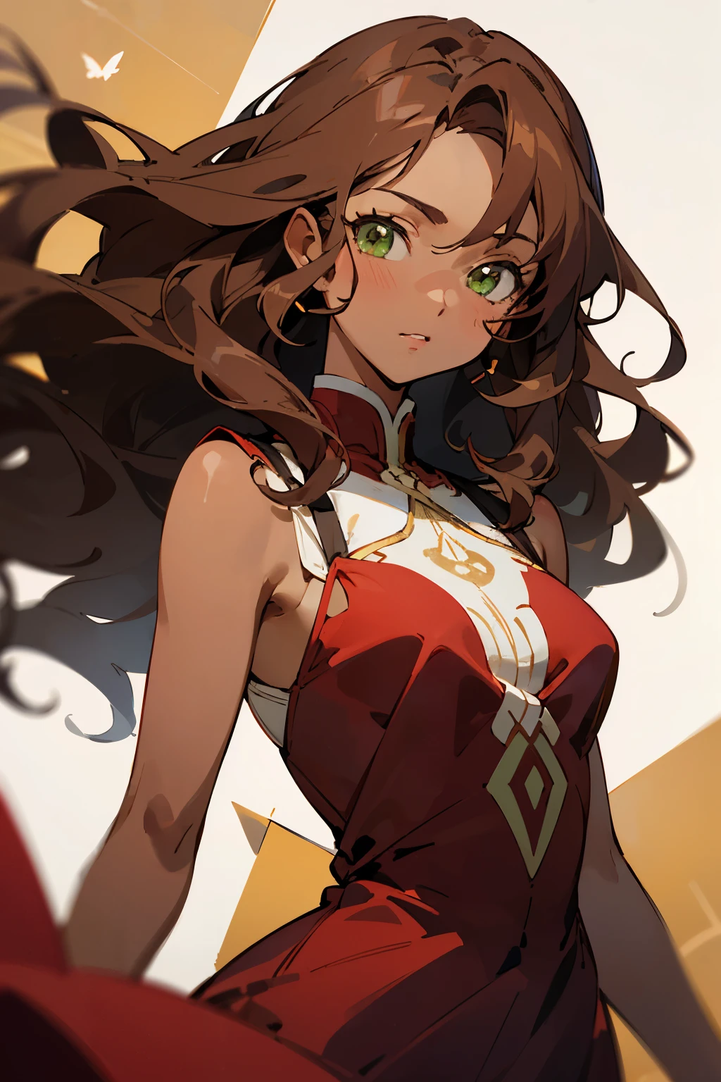 ((best quality)), ((masterpiece)), (detailed), caramel-brown skin, green eyes, anime, tan skin, red dress with butterfly symbol on the left side of her red dress, anime-style, long and wavy brown hair worn down.