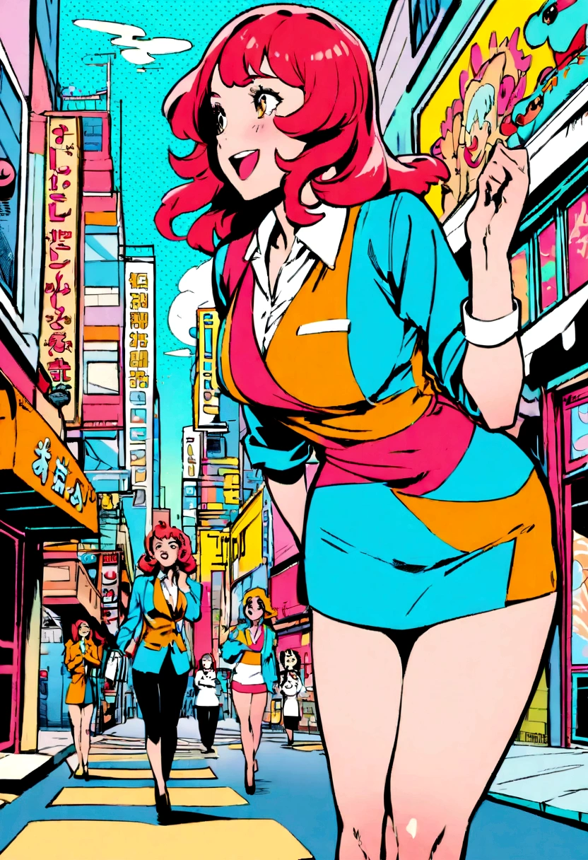 ライブルームretro Showa style, office ladies, colorful uniforms, emotional and vibrant, neon signs, bustling city street, high resolution, nostalgic and lively, pop art elements
